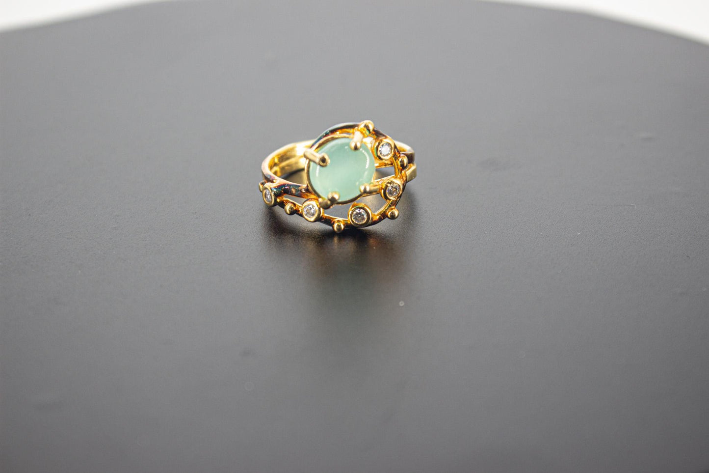 Handmade Organic 14K Gold Plated Green Agate Ring – Black Rhodium Detail, Nickel-Free Brass, Chunky Adjustable Boho
