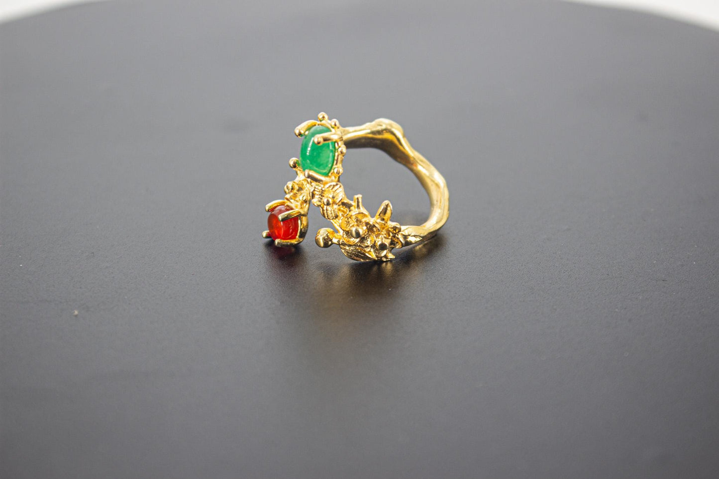 Handmade Organic 14K Gold Plated Green Agate Ring – Black Rhodium Detail, Nickel-Free Brass, Chunky Adjustable Boho