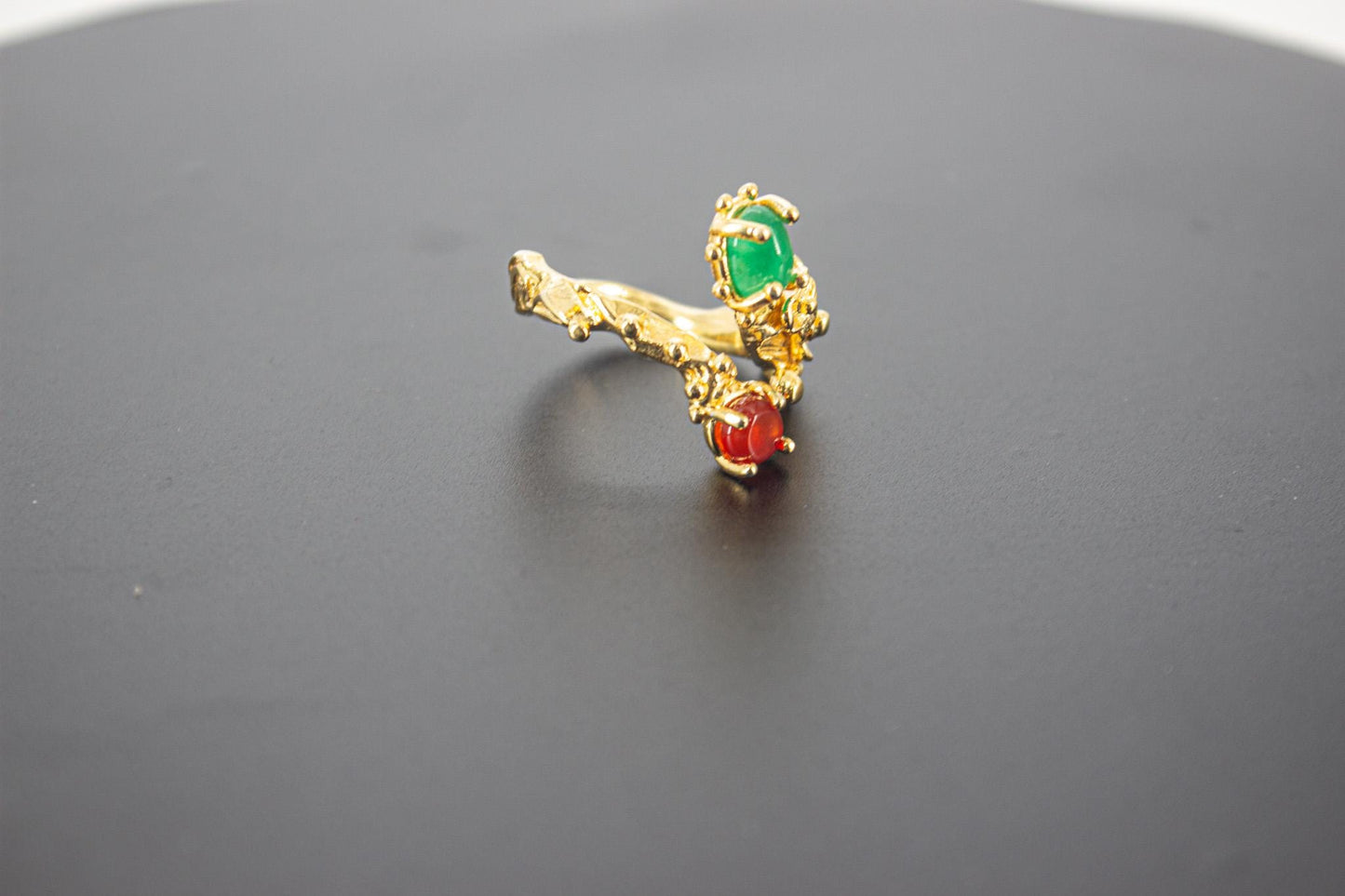 Handmade Organic 14K Gold Plated Green Agate Ring – Black Rhodium Detail, Nickel-Free Brass, Chunky Adjustable Boho