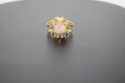 Handmade Organic 14K Gold Plated Rose Quartz Ring – Black Rhodium Detail, Nickel-Free Brass, Chunky Adjustable Boho