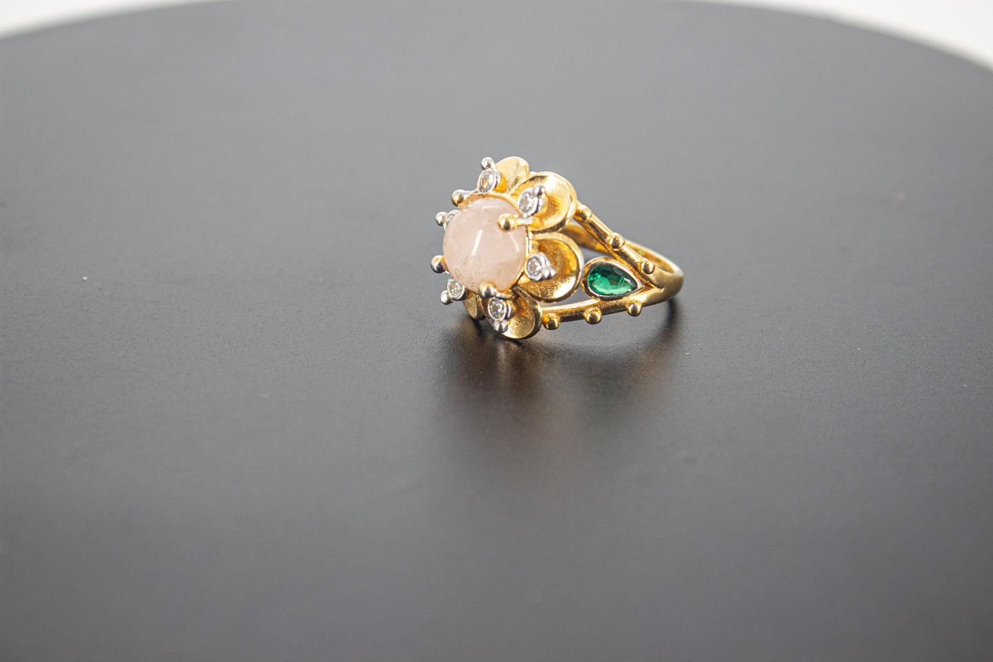 Handmade Organic 14K Gold Plated Rose Quartz Ring – Black Rhodium Detail, Nickel-Free Brass, Chunky Adjustable Boho
