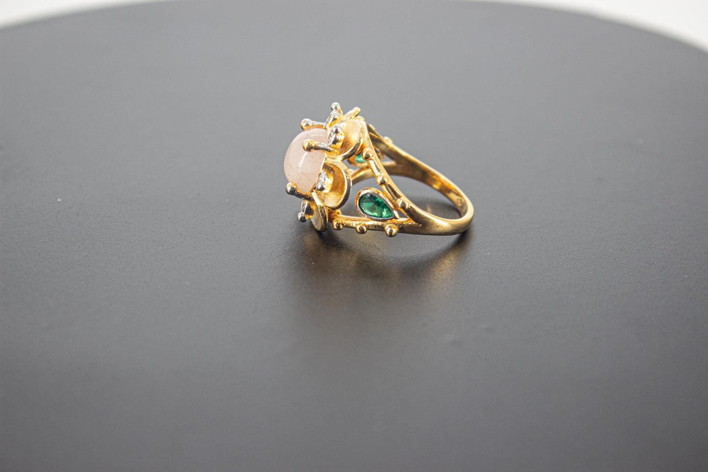 Handmade Organic 14K Gold Plated Rose Quartz Ring – Black Rhodium Detail, Nickel-Free Brass, Chunky Adjustable Boho