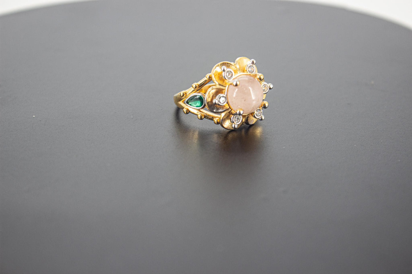 Handmade Organic 14K Gold Plated Rose Quartz Ring – Black Rhodium Detail, Nickel-Free Brass, Chunky Adjustable Boho