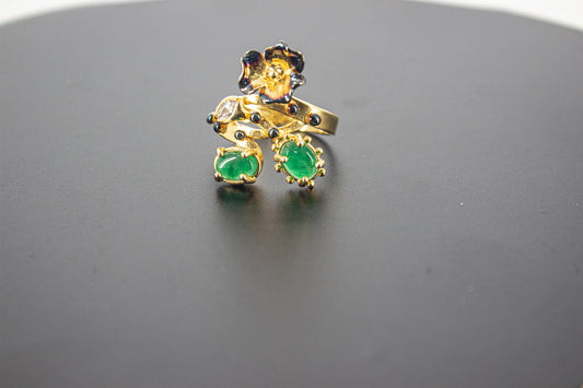 Handmade Organic 14K Gold Plated Green Agate Ring – Black Rhodium Detail, Nickel-Free Brass, Chunky Adjustable Boho