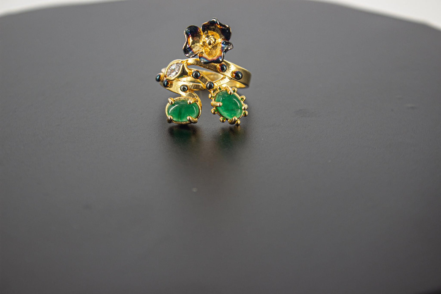 Handmade Organic 14K Gold Plated Green Agate Ring – Black Rhodium Detail, Nickel-Free Brass, Chunky Adjustable Boho
