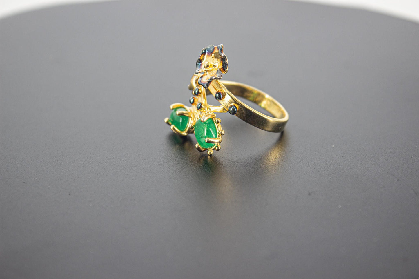 Handmade Organic 14K Gold Plated Green Agate Ring – Black Rhodium Detail, Nickel-Free Brass, Chunky Adjustable Boho