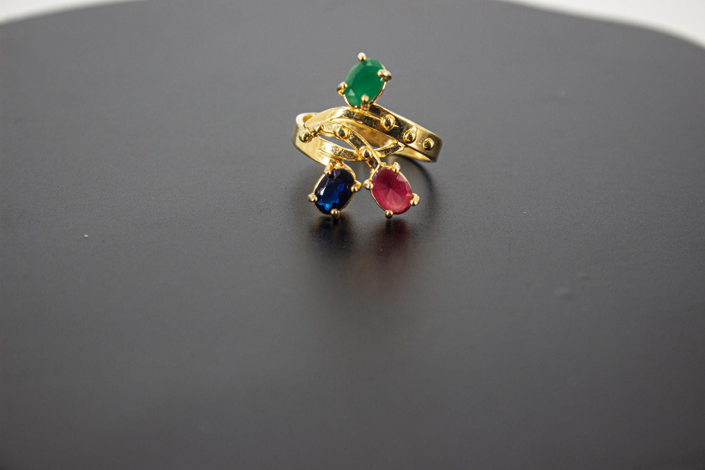 Handmade Organic 14K Gold Plated Multicolor Zircon Ring – Black Rhodium Detail, Nickel-Free Brass, Chunky Adjustable Boho