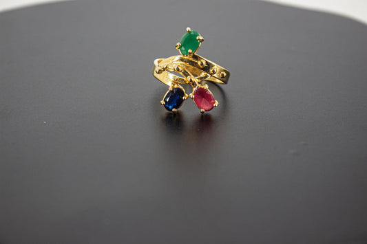 Handmade Organic 14K Gold Plated Multicolor Zircon Ring – Black Rhodium Detail, Nickel-Free Brass, Chunky Adjustable Boho