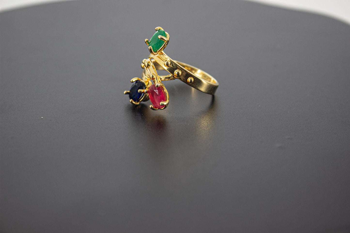 Handmade Organic 14K Gold Plated Multicolor Zircon Ring – Black Rhodium Detail, Nickel-Free Brass, Chunky Adjustable Boho