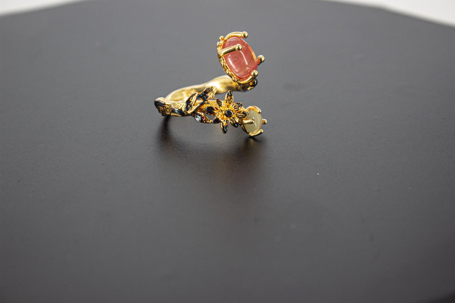 Handmade Organic 14K Gold Plated Red Agate Ring – Black Rhodium Detail, Nickel-Free Brass, Chunky Adjustable Boho