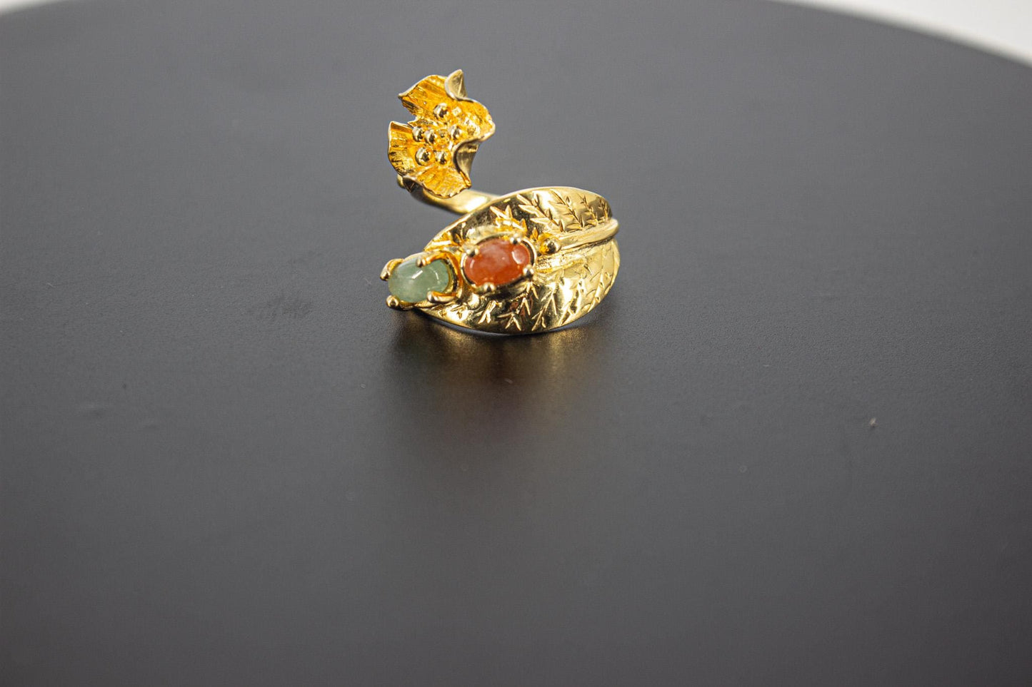 Handmade Organic 14K Gold Plated Red Agate Statement Ring – Nickel-Free Brass, Black Rhodium Detail, Chunky Adjustable Boho