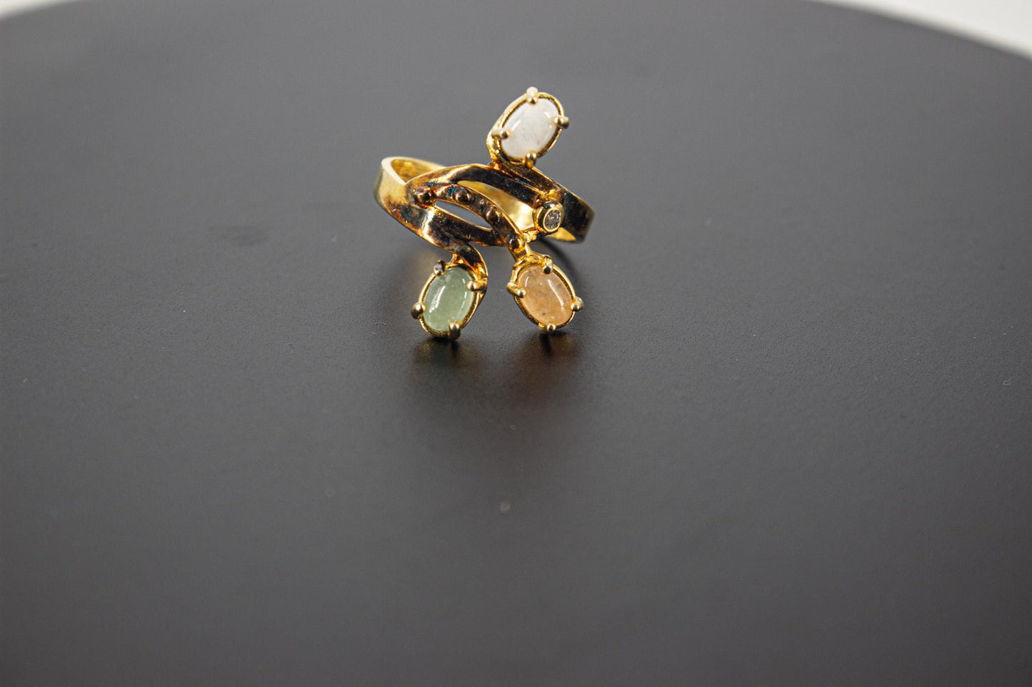 Handmade Organic 14K Gold Plated Moonstone & Rose Quartz Ring – Nickel-Free Brass, Black Rhodium Detail, Chunky Adjustable Boho
