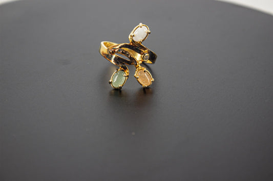 Handmade Organic 14K Gold Plated Moonstone & Rose Quartz Ring – Nickel-Free Brass, Black Rhodium Detail, Chunky Adjustable Boho