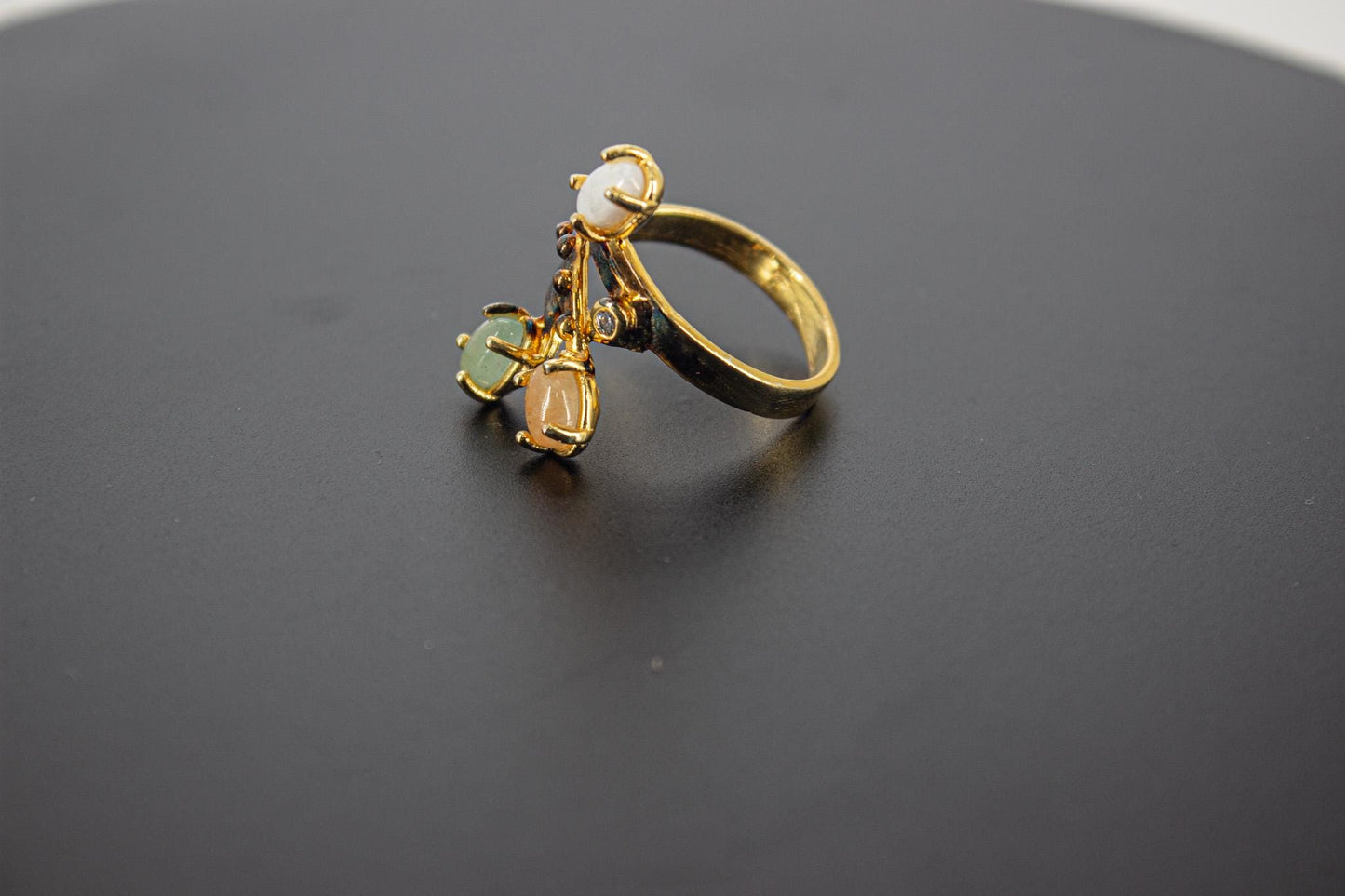 Handmade Organic 14K Gold Plated Moonstone & Rose Quartz Ring – Nickel-Free Brass, Black Rhodium Detail, Chunky Adjustable Boho