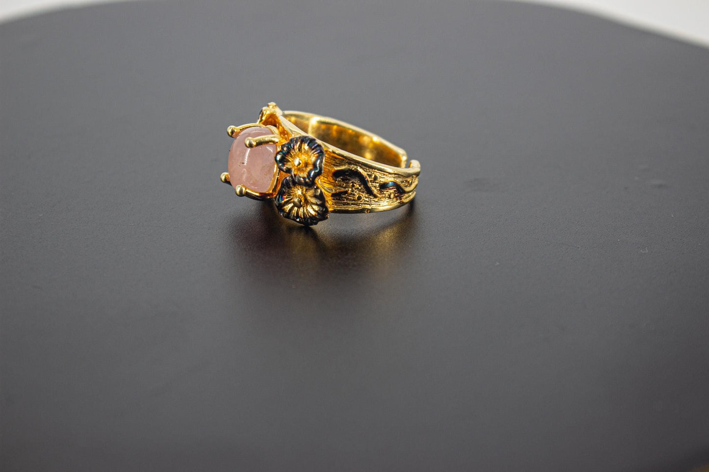 Handmade Organic 14K Gold Plated Rose Quartz Ring – Nickel-Free Brass, Black Rhodium Detail, Chunky Adjustable Boho