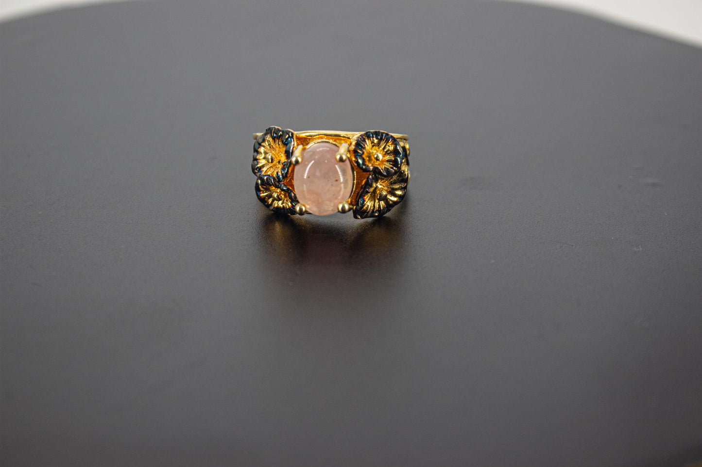 Handmade Organic 14K Gold Plated Rose Quartz Ring – Nickel-Free Brass, Black Rhodium Detail, Chunky Adjustable Boho