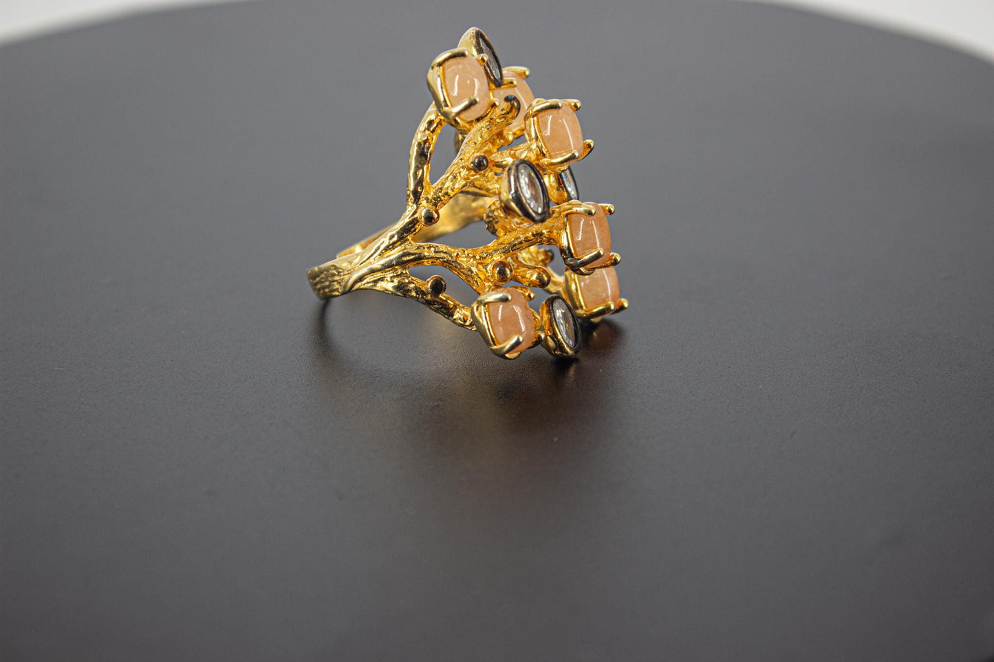 Handmade Organic 14K Gold Plated Rose Quartz & Zircon Ring – Nickel-Free Brass, Black Rhodium Detail, Chunky Adjustable Boho