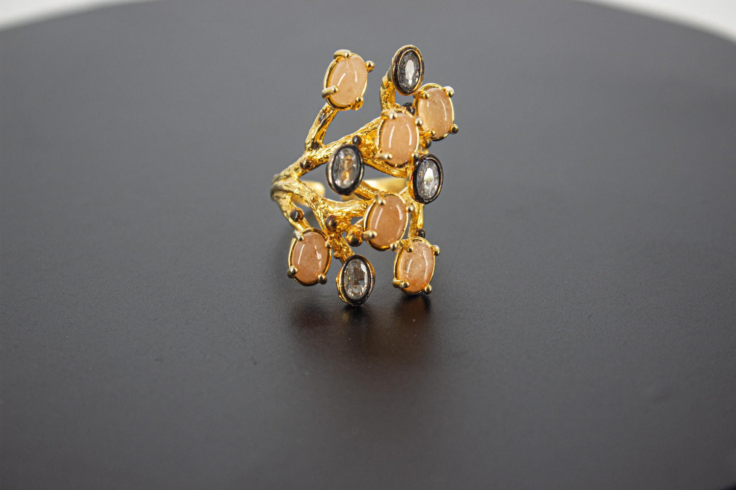 Handmade Organic 14K Gold Plated Rose Quartz & Zircon Ring – Nickel-Free Brass, Black Rhodium Detail, Chunky Adjustable Boho