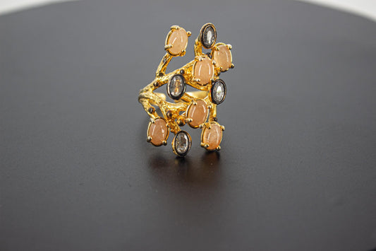 Handmade Organic 14K Gold Plated Rose Quartz & Zircon Ring – Nickel-Free Brass, Black Rhodium Detail, Chunky Adjustable Boho