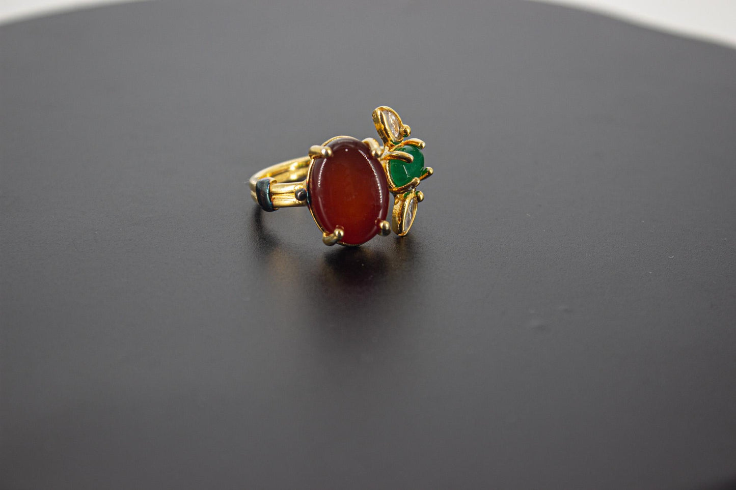 Handmade Organic 14K Gold Plated Green Red Agate & Zircon Ring – Nickel-Free Brass, Black Rhodium Detail, Chunky Adjustable Boho