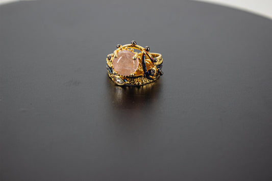 Handmade Organic 14K Gold Plated Rose Quartz & Zircon Ring – Nickel-Free Brass, Black Rhodium Detail, Chunky Adjustable Boho