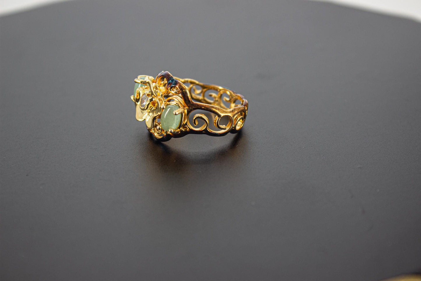 Handmade Organic 14K Gold Plated Aquamarine & Zircon Ring – Nickel-Free Brass, Black Rhodium Detail, Chunky Adjustable Boho