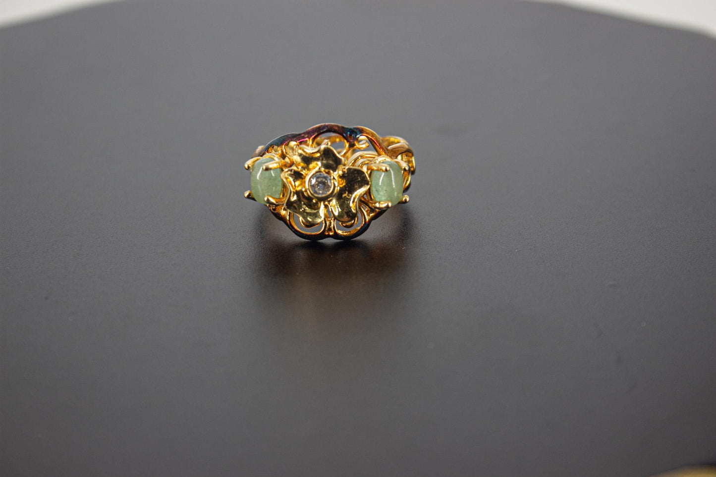 Handmade Organic 14K Gold Plated Aquamarine & Zircon Ring – Nickel-Free Brass, Black Rhodium Detail, Chunky Adjustable Boho