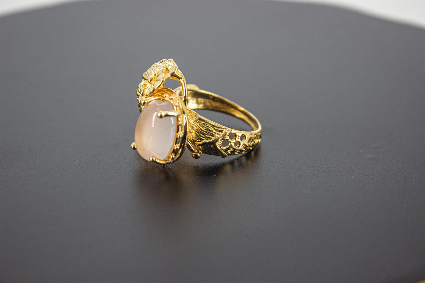 Handmade Organic 14K Gold Plated Rose Quartz & Zircon Ring – Nickel-Free Brass, Black Rhodium Detail, Sculptural Adjustable Boho