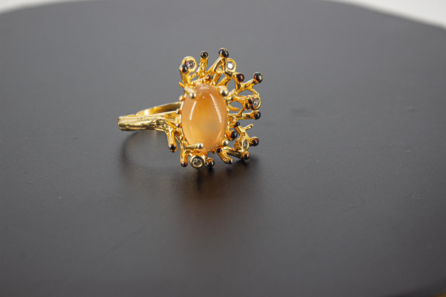 Handmade Organic 14K Gold Plated Goldi Stone & Zircon Ring – Nickel-Free Brass, Black Rhodium Detail, Sculptural Adjustable Boho