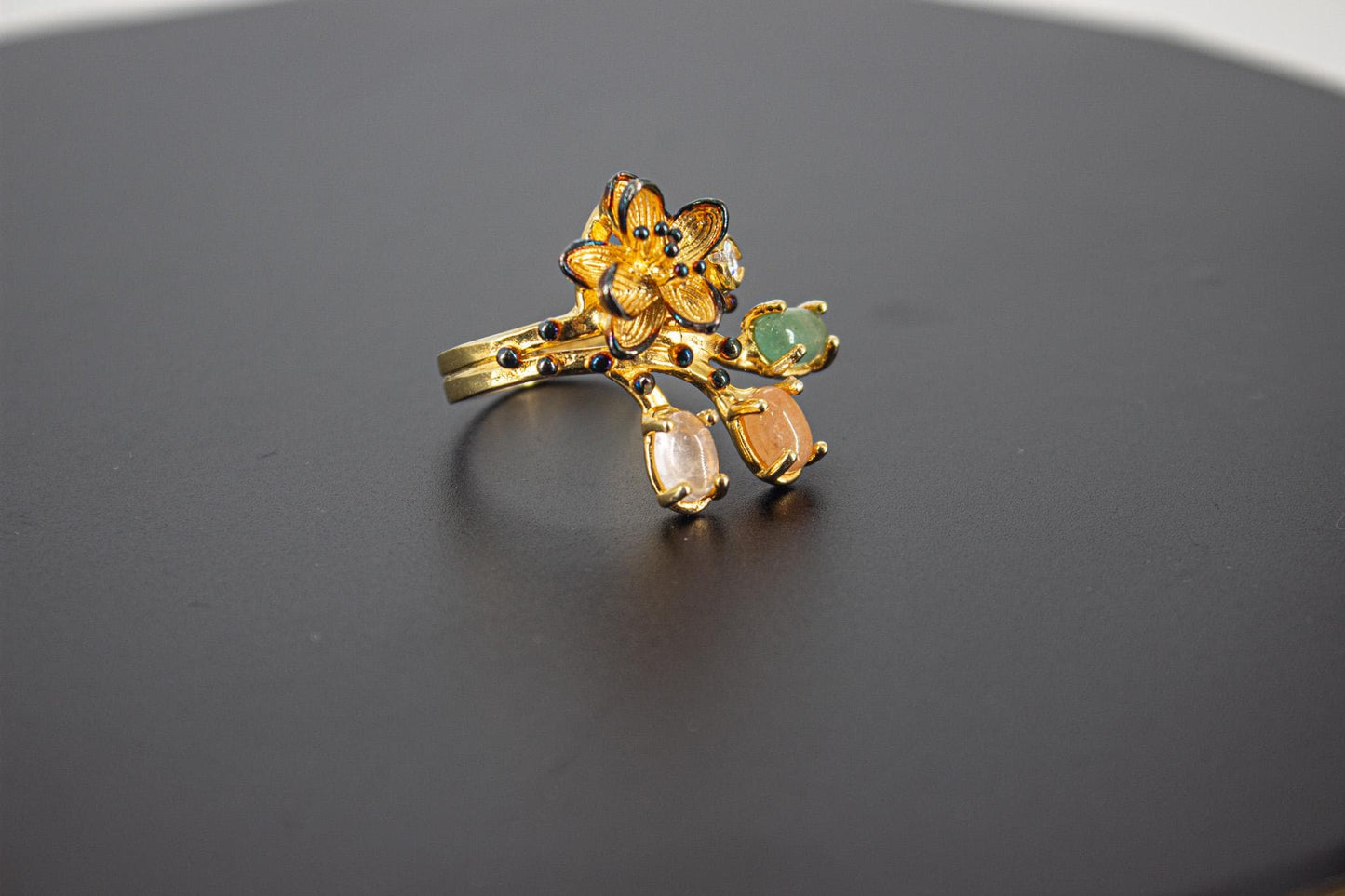 Handmade Organic 14K Gold Plated Natural Agate Ring – Nickel-Free Brass, Black Rhodium Detail, Sculptural Adjustable Boho