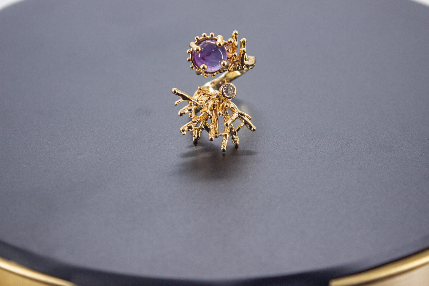 Handmade Organic 14K Gold Plated Amethyst & Zircon Ring – Nickel-Free Brass, Black Rhodium Detail, Sculptural Adjustable Boho