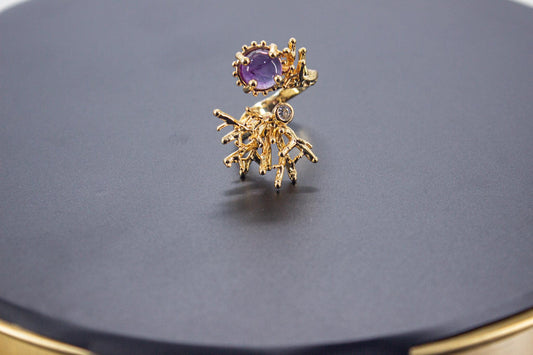 Handmade Organic 14K Gold Plated Amethyst & Zircon Ring – Nickel-Free Brass, Black Rhodium Detail, Sculptural Adjustable Boho