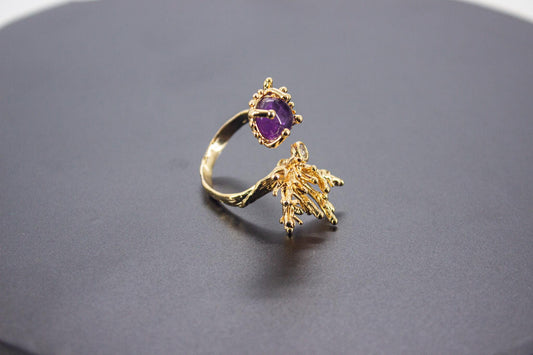 Handmade Organic 14K Gold Plated Amethyst & Zircon Ring – Nickel-Free Brass, Black Rhodium Detail, Sculptural Adjustable Boho
