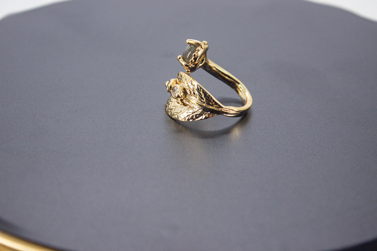 Handmade Organic 14K Gold Plated Black Rutile Quartz & Zircon Ring – Nickel-Free Brass, Sculptural Adjustable Boho