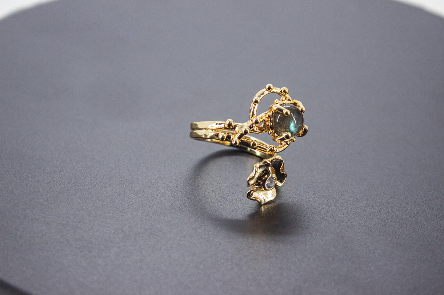 Handmade Organic 14K Gold Plated Labradorite & Zircon Ring – Nickel-Free Brass, Sculptural Adjustable Boho