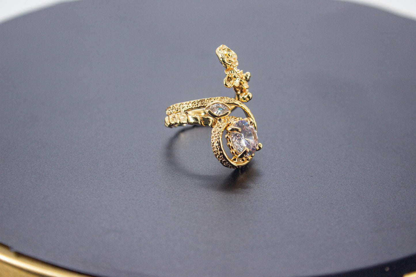 Handmade Organic 14K Gold Plated Ice Cut & Zircon Ring – Nickel-Free Brass, Sculptural Adjustable Boho