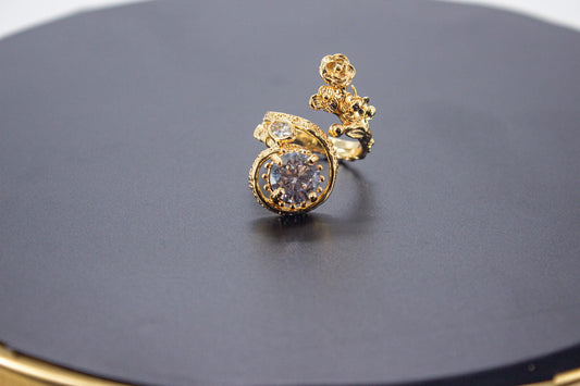 Handmade Organic 14K Gold Plated Ice Cut & Zircon Ring – Nickel-Free Brass, Sculptural Adjustable Boho