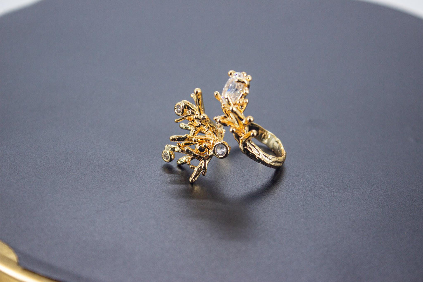 Handmade Organic 14K Gold Plated Ice Cut & Zircon Ring – Nickel-Free Brass, Sculptural Adjustable Boho
