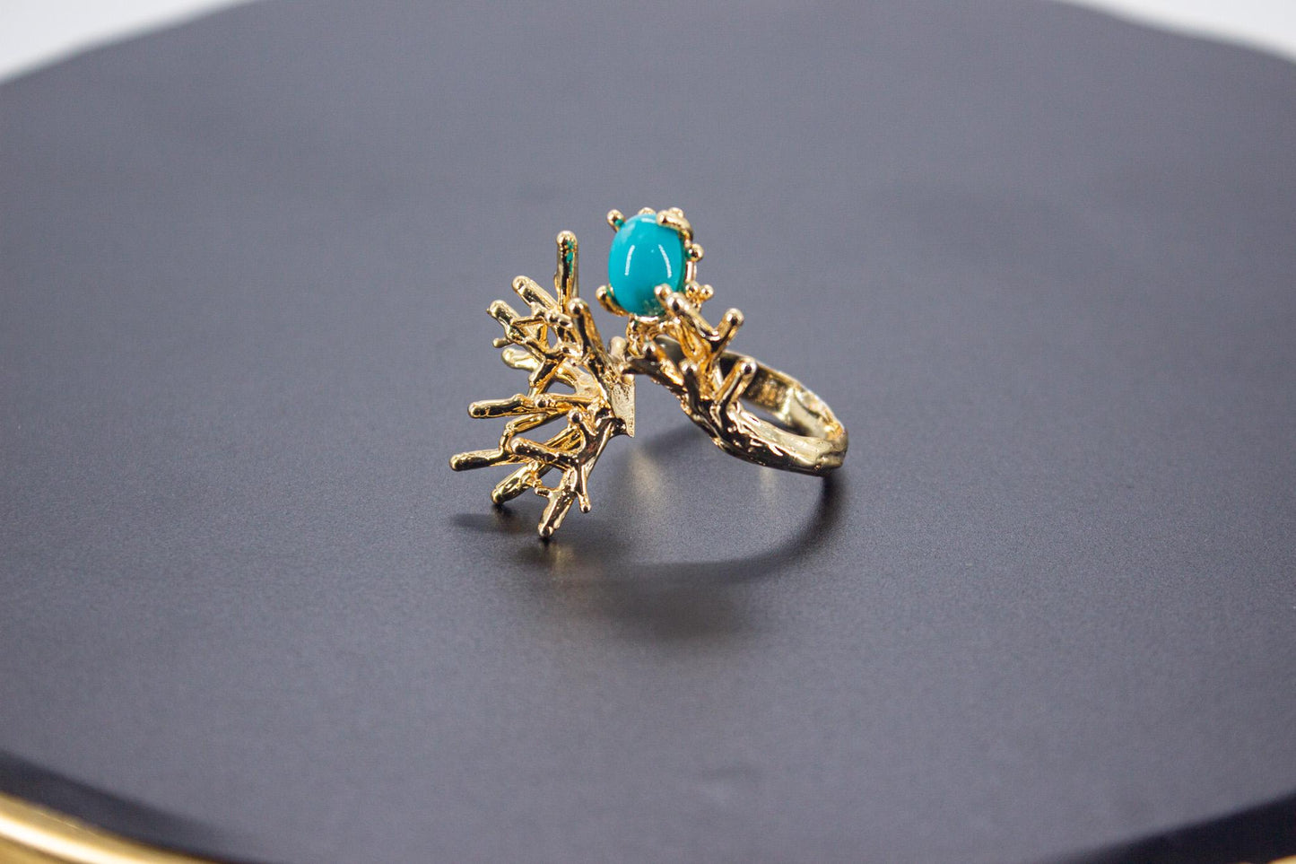 Handmade Organic 14K Gold Plated Amazonite Ring – Nickel-Free Brass, Sculptural Adjustable Boho