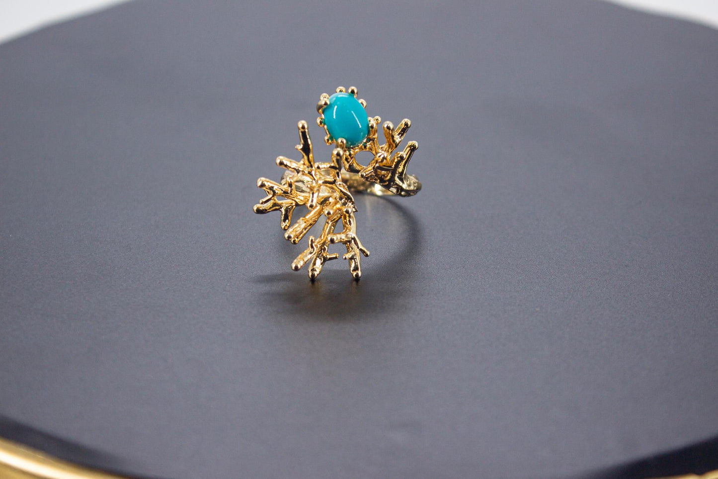 Handmade Organic 14K Gold Plated Amazonite Ring – Nickel-Free Brass, Sculptural Adjustable Boho
