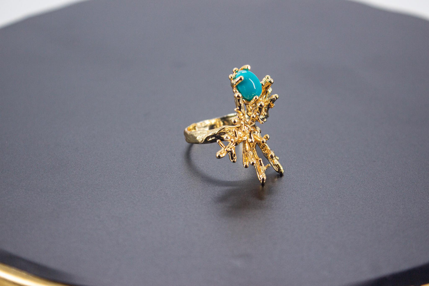 Handmade Organic 14K Gold Plated Amazonite Ring – Nickel-Free Brass, Sculptural Adjustable Boho
