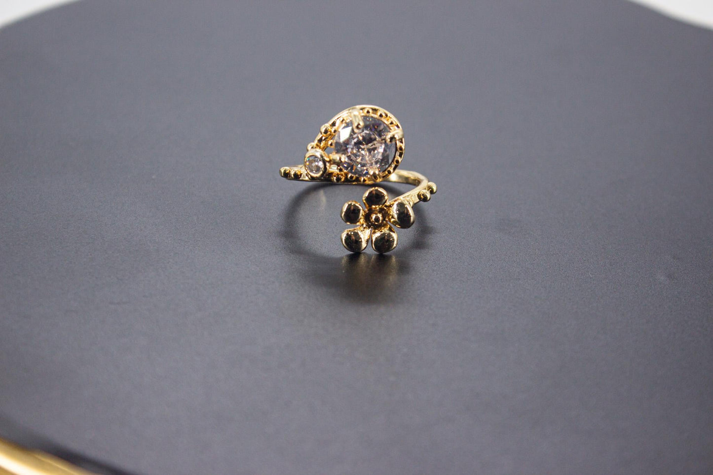 Handmade Organic 14K Gold Plated Ice Cut & Zircon Ring – Nickel-Free Brass, Sculptural Adjustable Boho