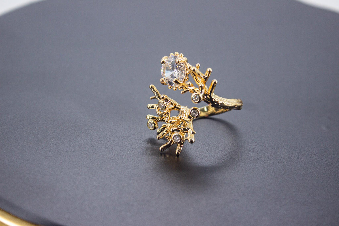 Handmade Ice Cut & Zircon Ring – Organic 14K Gold Plated Brass, Sculptural Adjustable Boho