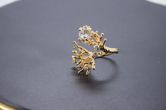 Handmade Ice Cut & Zircon Ring – Organic 14K Gold Plated Brass, Sculptural Adjustable Boho