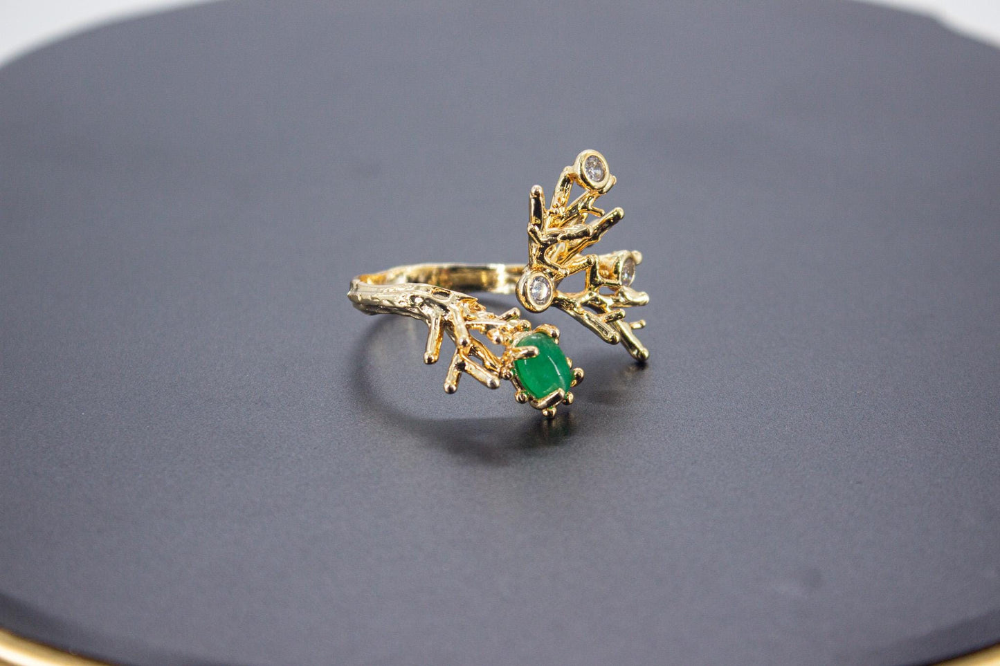 Handmade Organic 14K Gold Plated Green Agate & Zircon Ring – Nickel-Free Brass, Sculptural Adjustable Boho