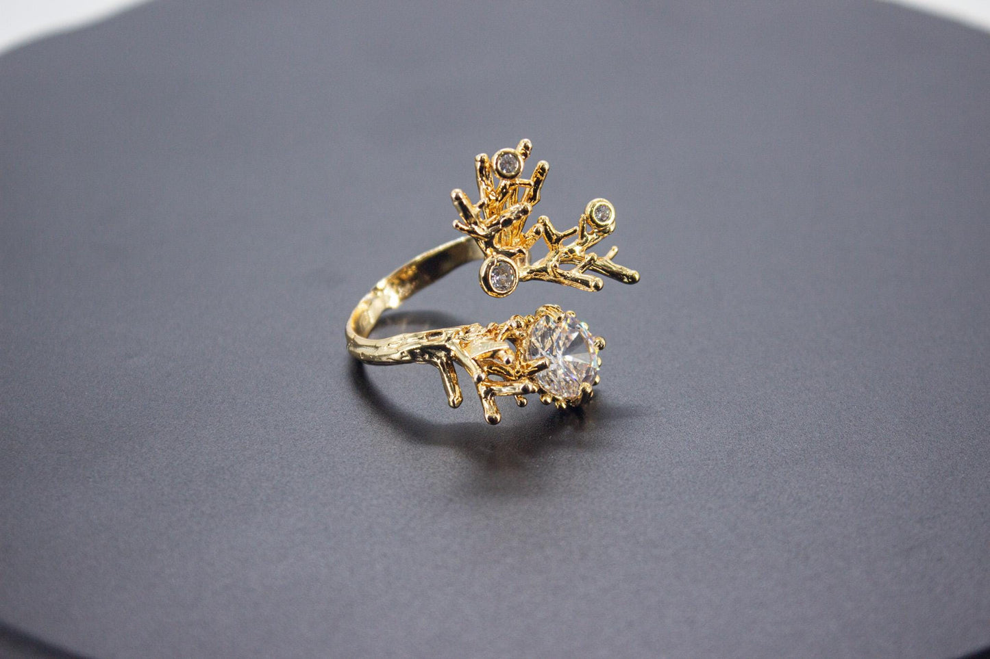 Organic 14K Gold Plated Ice Cut & Zircon Ring – Handmade Brass, Sculptural Adjustable Boho Jewelry