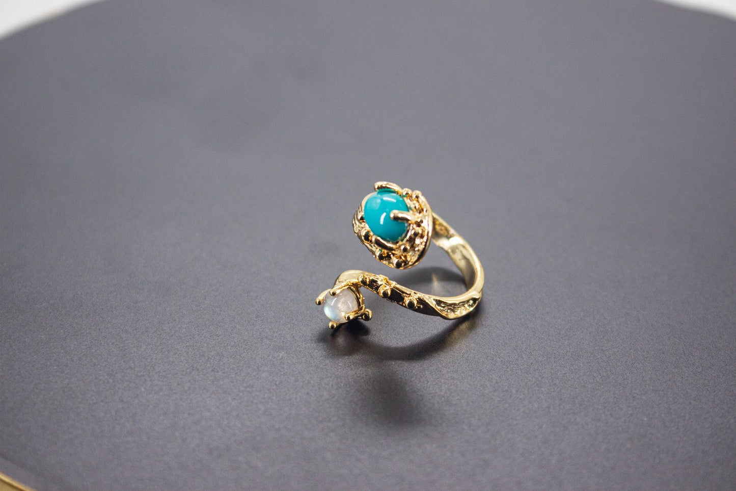 Handmade Organic 14K Gold Plated Amazonite & Moonstone Ring – Nickel-Free Brass, Sculptural Adjustable Boho Jewelry