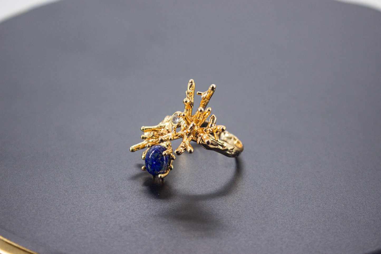 Handmade Organic 14K Gold Plated Lapis & Zircon Ring – Nickel-Free Brass, Sculptural Adjustable Boho Jewelry
