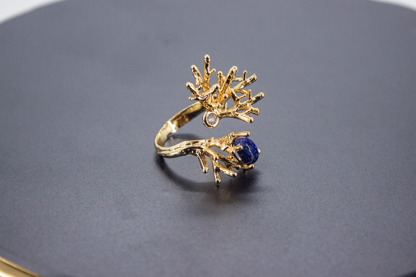 Handmade Organic 14K Gold Plated Lapis & Zircon Ring – Nickel-Free Brass, Sculptural Adjustable Boho Jewelry