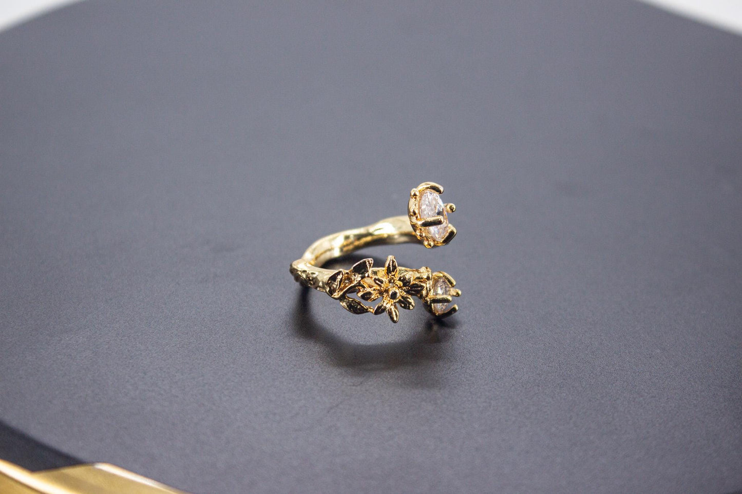 Handmade Organic 14K Gold Plated Ice Cut Stone & Zircon Ring – Nickel-Free Brass, Sculptural Adjustable Boho Jewelry